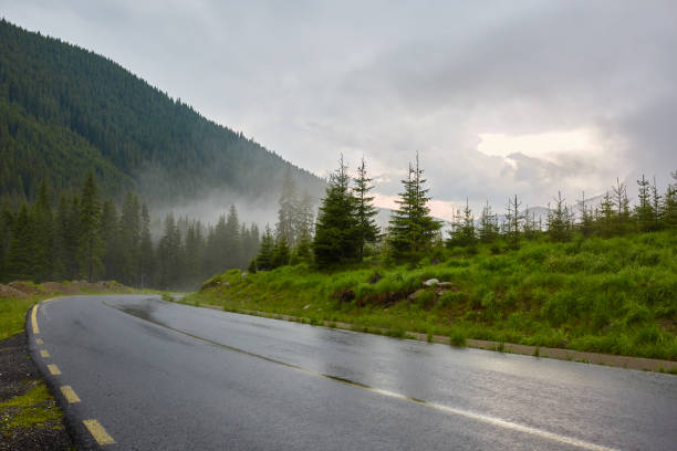 istock Asphalt road into misty mountains 1162413573