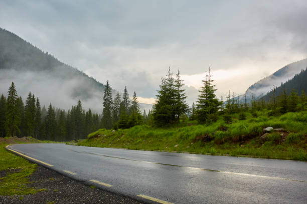 istock Asphalt road into misty mountains 1162413578