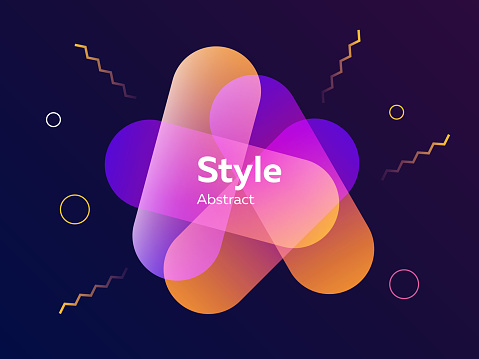 Gradient orange and purple abstract graphic elements on blue background. Dynamic colored form and line. Banner with capsule shapes. Template for logo, flyer, presentation design. Vector illustration