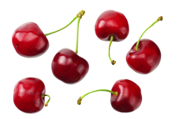 istock red cherry isolated on a white background. Top view 1162419205