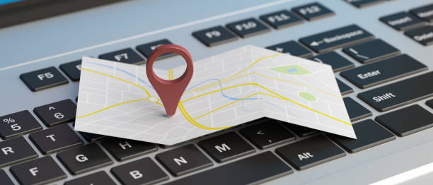map pointer location on a laptop. 3d illustration - compass symbol direction guide imagens e fotografias de stock