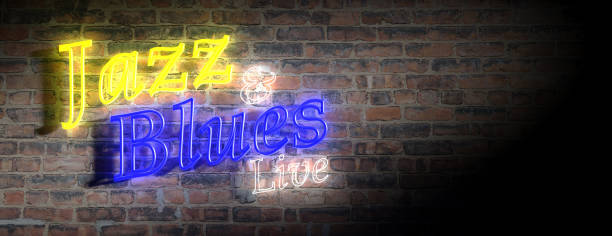 istock Jazz and Blues sign, neon light, dark brick wall background. 3d illustration 1162422165