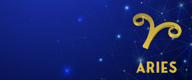 istock 3D aries zodiac symbol on star chart blue background. 1162422228