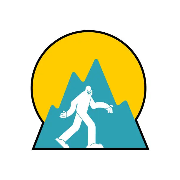 Vector illustration of Yeti and mountains symbol. Bigfoot and forest sign.
