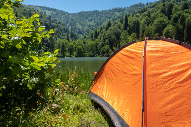 istock Camping tent at scenic campsite on a lake 1162422699