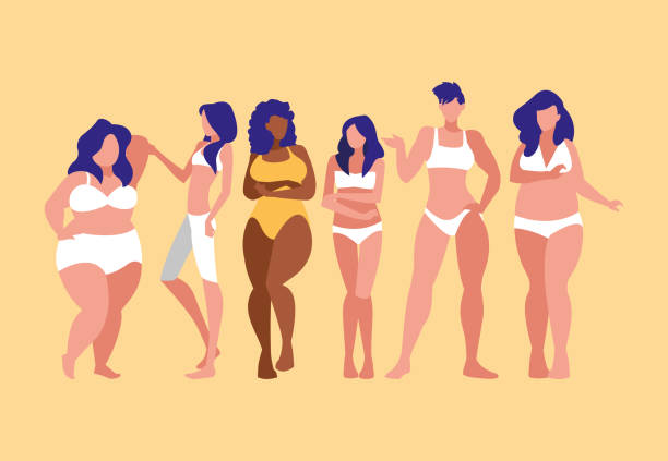 ilustrações de stock, clip art, desenhos animados e ícones de women of different sizes and races modeling underwear - body positive