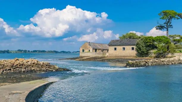 Berder island, in Brittany, in the Morbihan gulf, path covered by the sea at rising tide