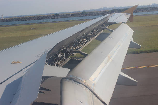 istock Airplane wind captured during landing while braking on a landing surface 1162431394
