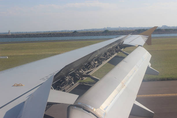 istock Airplane wind captured during landing while braking on a landing surface 1162431400