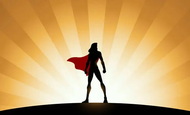 Vector illustration of Vector Female Superhero Silhouette with Sunburst Effect in the Background