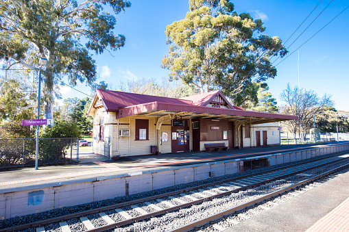 Macedon, Australia - July 8 2019: Macedon railway station on a sunny winter's day in Victoria, Australia