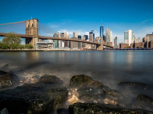 Brooklyn bridge and Manhattan at sunny day, NYC, USA. Long exposure shot.