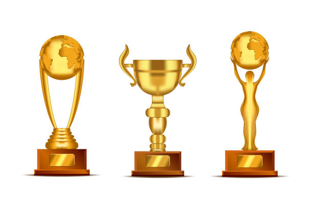 istock Set of realistic golden, trophy cup or award with text plate for champions. Sport winners cup. 1162436470