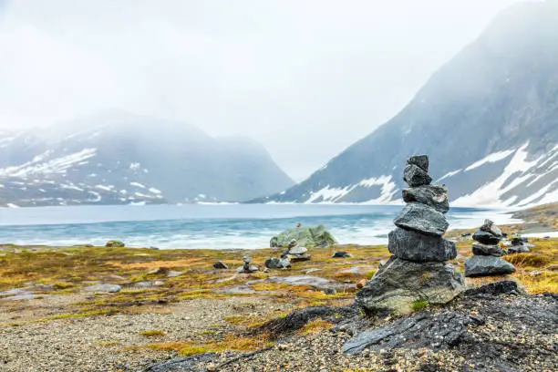 Photo of Stone cairns at the Djupvatnet lake Geiranger, Sunnmore region, More og Romsdal county, Norway