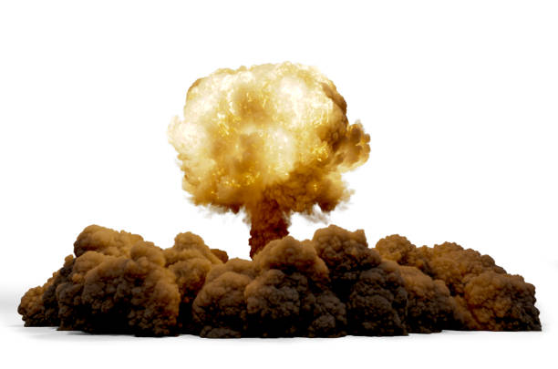 bomba nuclear de explosión aislada sobre fondo blanco, renderizado 3d - bomb fotografías e imágenes de stock