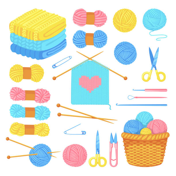 Knitting tools and wool yarn set, isolated on white background. Vector craft and handmade needlework design elements Knitting tools and wool yarn set, isolated on white background. Vector craft and handmade needlework design elements. Fashion hobby flat cartoon icons. Crochet stock illustrations