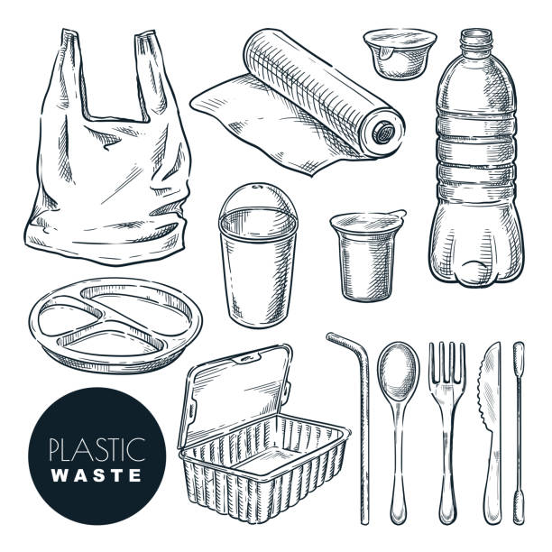 ilustrações de stock, clip art, desenhos animados e ícones de plastic waste, vector sketch illustration. hand drawn garbage and trash items. nonrecyclable material and goods icons - food and drink industry