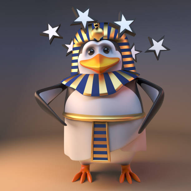istock Poor 3d penguin pharaoh Tutankhamun is dizzy with stars in his eyes, 3d illustration 1162442076