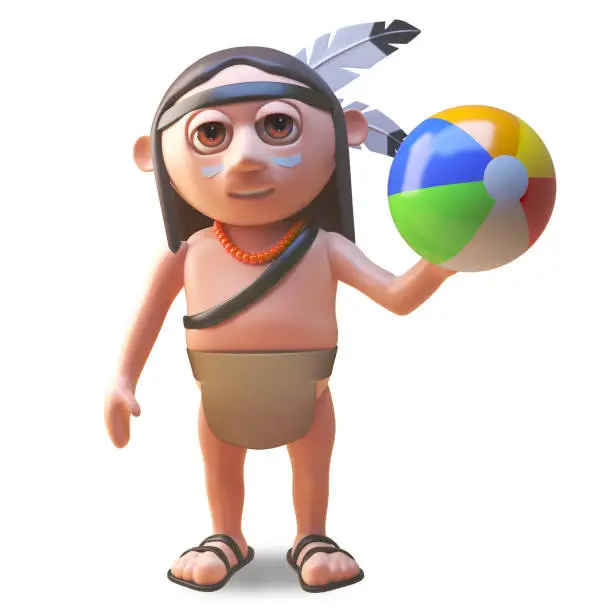 Relaxed native American Indian man plays with a beachball, 3d illustration render