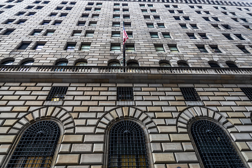 New York City, USA - August 1, 2018: Facade of the headquarters of the Federal Reserve Bank of New York in Lower Manhattan, New York City, USA.