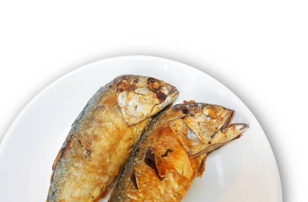 istock Fried Mackerel on white plate with White background, Thai food style, Image use Clipping path 1162445319