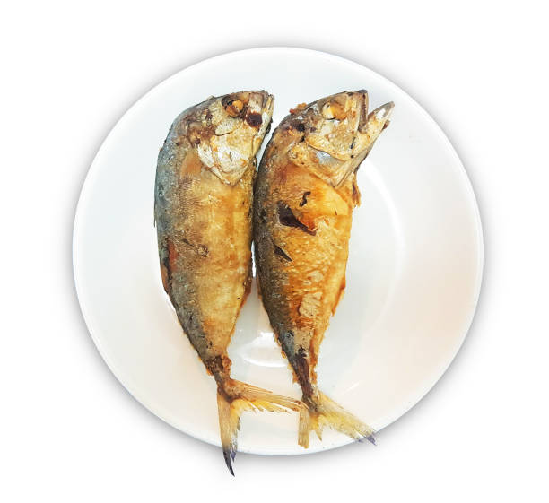 istock Fried Mackerel on white plate with White background, Thai food style, Image use Clipping path 1162445363