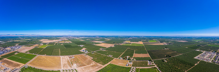 An aerial view of farmland in California's central valley in Ripon, California
