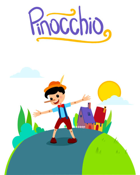 pinocchio tale vektoral illustration buch cover - pinocchio liar child dishonesty stock-grafiken, -clipart, -cartoons und -symbole