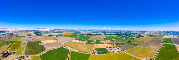 An aerial view of farmland in California's central valley in Tracy, California