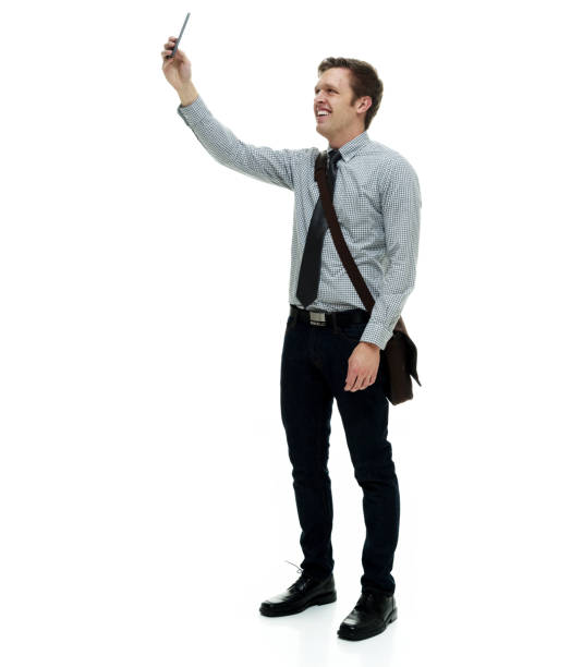 istock Handsome businessman wearing checked shirt and necktie on white background 1162449367