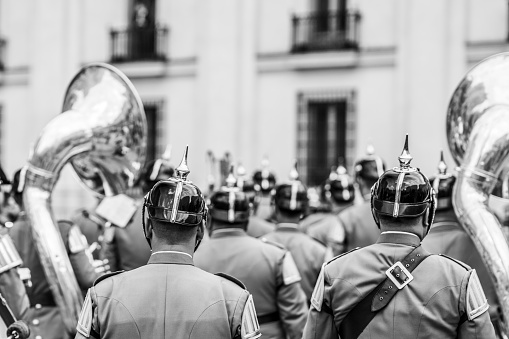 City: Santiago de Chile\nCountry Chile\n26/05/2019\nHeritage Day parade at Santiago de Chile city streets. Armed forces troops marching with musical instruments, iron helmets and military uniforms