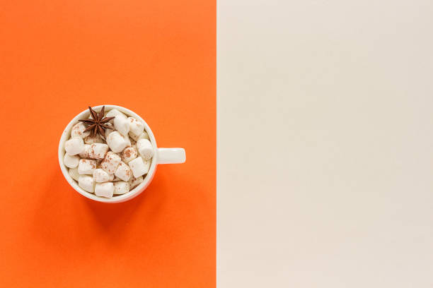 Autumn composition. Cup of cocoa with marshmallows on orange beige background. Top view Flat lay Copy space Concept cocoa for autumn mood. Template for your design, postcard, invitation Autumn composition. Cup of cocoa with marshmallows on orange beige background. Top view Flat lay Copy space Concept cocoa for autumn mood. Template for your design, postcard, invitation. thanksgiving holiday hours stock pictures, royalty-free photos & images