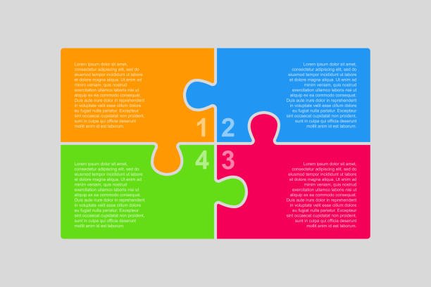 illustrazioni stock, clip art, cartoni animati e icone di tendenza di quattro pezzi puzzle infografica del processo. - puzzle jigsaw puzzle jigsaw piece part of