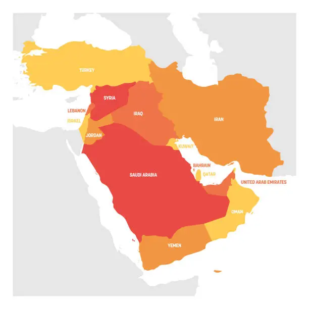 Vector illustration of West Asia Region. Map of countries in western Asia or Middle East. Vector illustration