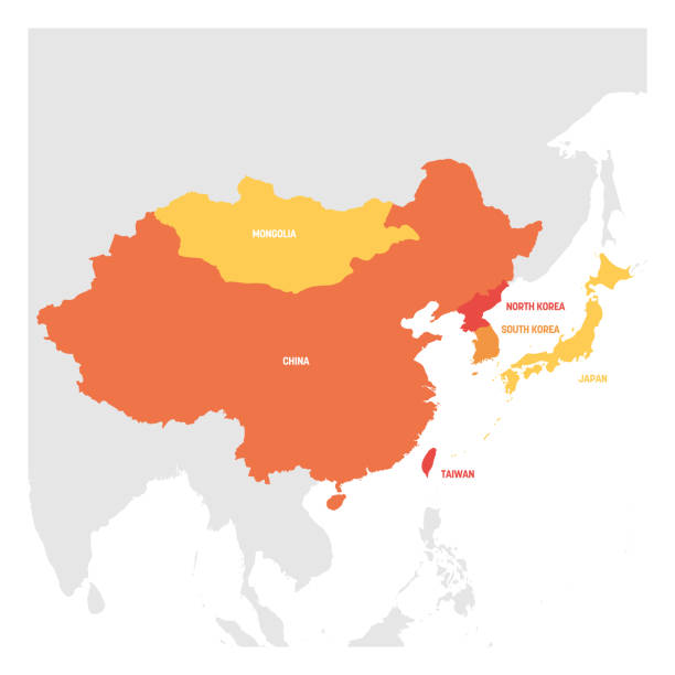 ilustrações, clipart, desenhos animados e ícones de região da ásia oriental. mapa dos países em ásia oriental. ilustração do vetor - map cartography east asia china