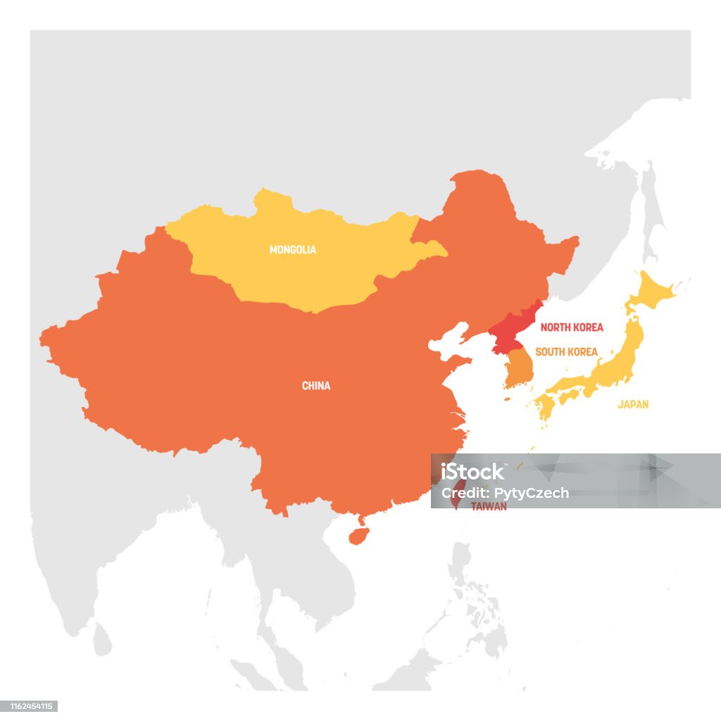 Regionen Östasien. Karta över länder i östra Asien. Vektor illustration - Royaltyfri Karta vektorgrafik