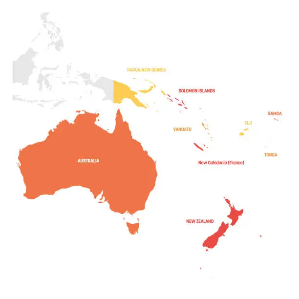 Vector illustration of Australia and Oceania Region. Map of countries in South Pacific Ocean. Vector illustration