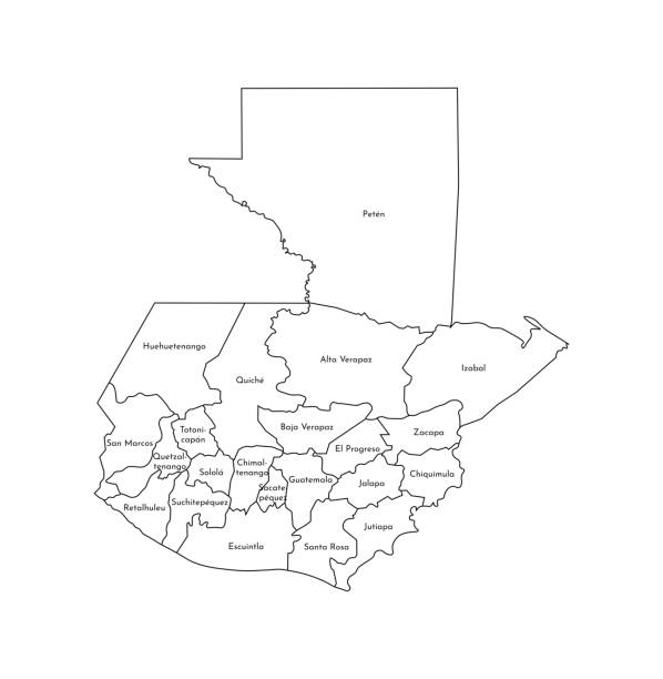 Vector isolated illustration of simplified administrative map of Guatemala. Borders and names of the departments (regions). Black line silhouettes Vector isolated illustration of simplified administrative map of Guatemala. Borders and names of the departments (regions). Black line silhouettes. flat country stock illustrations