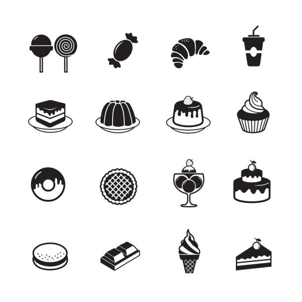 Dessert and sweet bakery icon Dessert and sweet bakery icon, set of 16 editable filled, Simple clearly defined shapes in one color. dessert stock illustrations