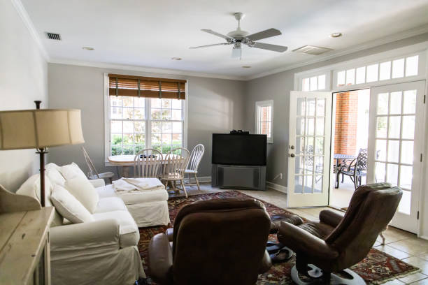 istock Small living room inside a guest house pool house. 1162456667