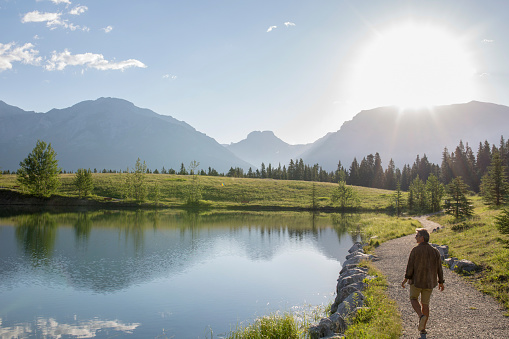 He is surrounded by meadows, trees and mountains