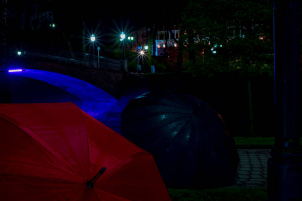 Night park after the rain with illuminated bridge and lighted black and red umbrellas. Underexposed photo.