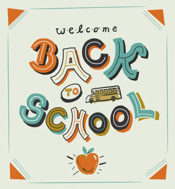 Vector illustration of Colorful Back to School lettering design with hand drawn educational symbols and icons