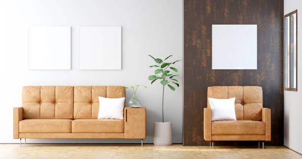 istock Living room with Leather sofa have pillows, Blank poster on white wall, 3D Rendering 1162469970