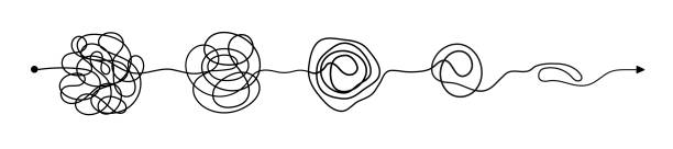 ilustrações, clipart, desenhos animados e ícones de jogo de símbolos desarrumado do clew, linha de símbolos com o elemento e a seta redondos scricalçada, conceito da transição de complicado ao simples, isolado no fundo branco ilustração do vetor. - mayhem