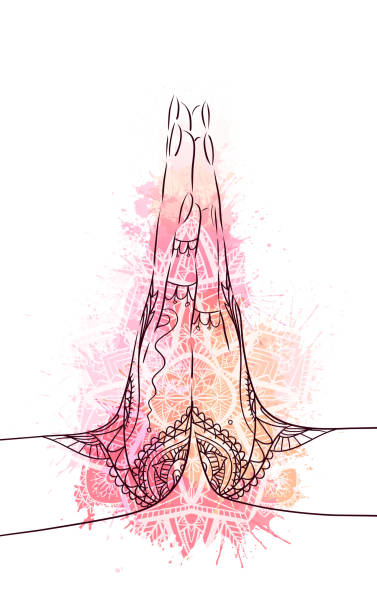 Indian hands in mehndi in yoga meditation gesture on mandala paisley. Namaste mudra on pink watercolor splash. Calm and peace. Vector card Indian hands in mehndi in yoga meditation gesture on mandala paisley. Namaste mudra on pink watercolor splash. Calm and peace. Vector card for your creativity anjali mudra stock illustrations