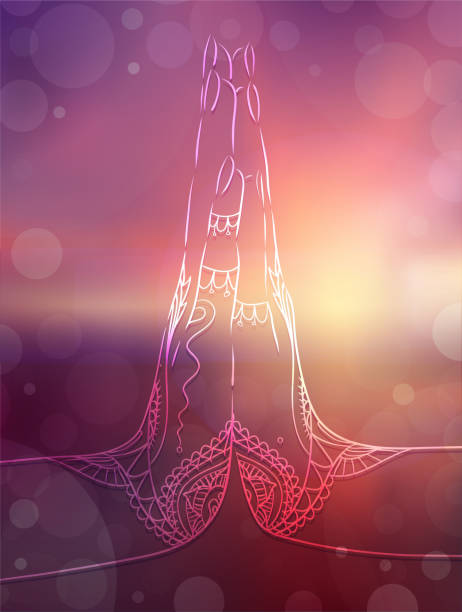 ilustraciones, imágenes clip art, dibujos animados e iconos de stock de manos indias en mehendi en el gesto de meditación de yoga en el paisaje oceánico borroso. namaste mudra en el fondo de la puesta del sol. calma y paz. tarjeta vectorial - añjali mudrā saludo