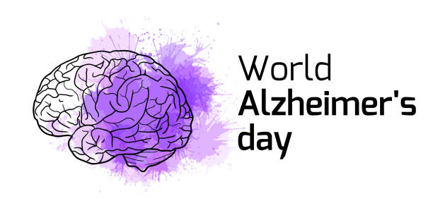 國際阿爾茨海默氏症日。水準卡與輪廓人腦在紫色水彩污漬。疾病和滅絕。向量橫幅 - alzheimer 幅插畫檔、美工圖案、卡通及圖標