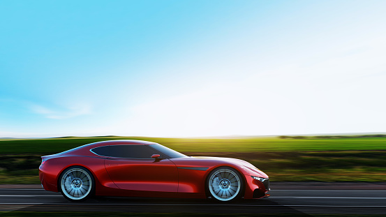 side view of fast moving red car, road in fields, motion blur,  3D, car of my own design.
