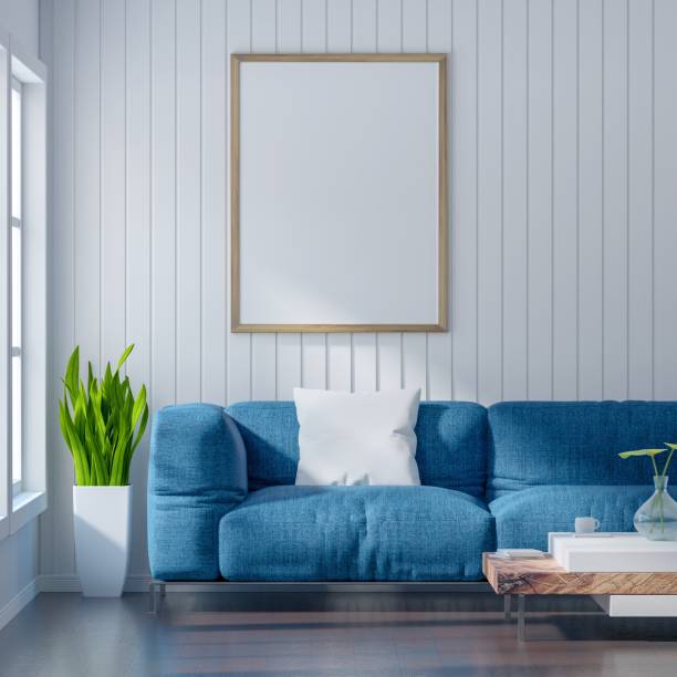 istock living room with white wall and light blue sofa, Blank poster on white wall, 3D Rendering 1162474593